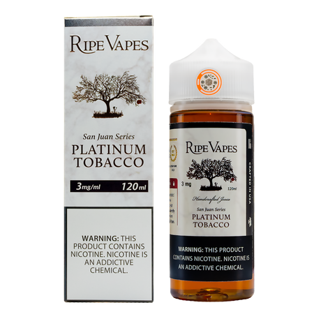 Ripe Vapes Platinum Tobacco San Juan Series 120ML e-liquid with tobacco, vanilla, and custard flavor profile.