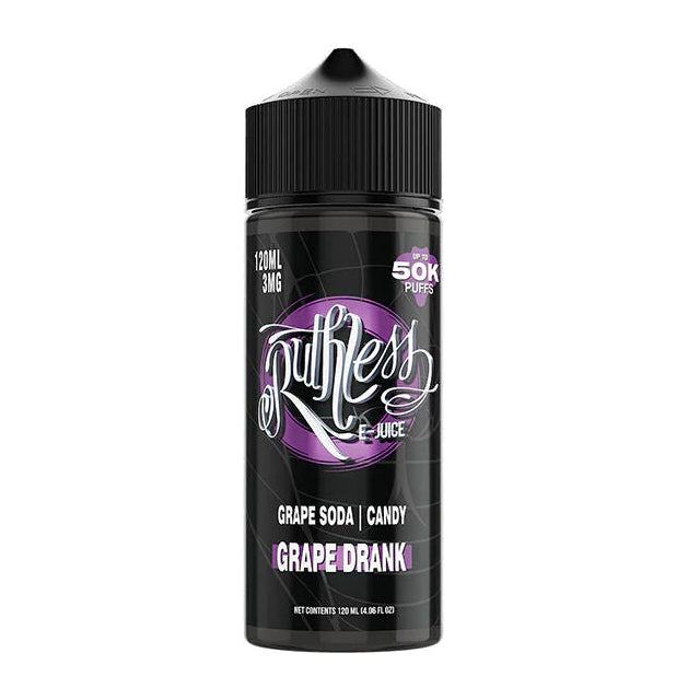 Ruthless Grape Drank 120ML E-Liquid bottle featuring sweet grape soda flavor with a 70VG/30PG freebase formula made in the USA.