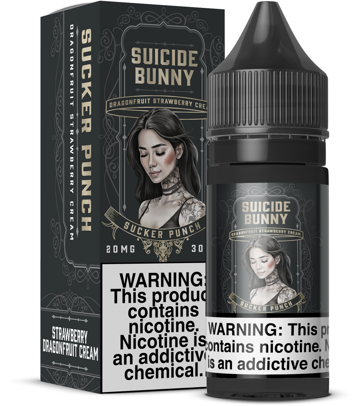SUICIDE BUNNY Salt Sucker Punch 30ML nicotine salt e-liquid with strawberry, dragonfruit, and creamy flavor.
