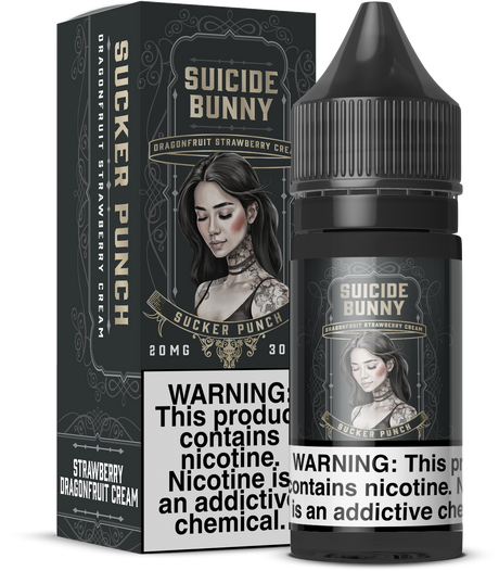 SUICIDE BUNNY Salt Sucker Punch 30ML nicotine salt e-liquid with strawberry, dragonfruit, and creamy flavor.