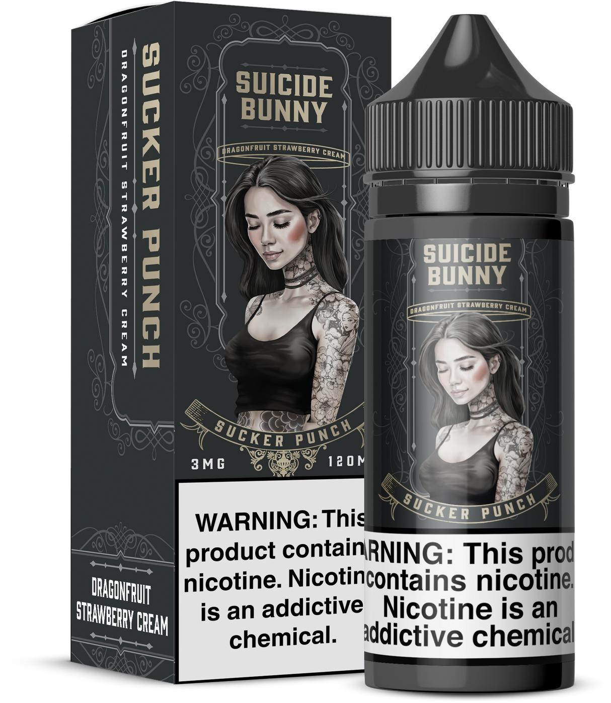 SUICIDE BUNNY Sucker Punch 120ML E-Liquid with strawberry, dragonfruit, and creamy flavor profile.