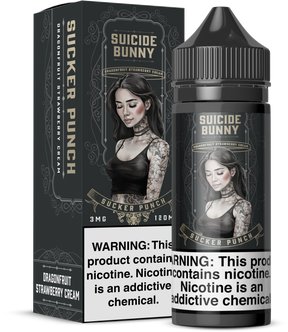SUICIDE BUNNY Sucker Punch 120ML E-Liquid with strawberry, dragonfruit, and creamy flavor profile.