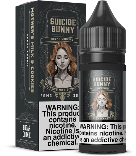 Suicide Bunny SALTS Mother’s Milk 30ML nicotine salt e-liquid with strawberry and creamy custard flavor profile.