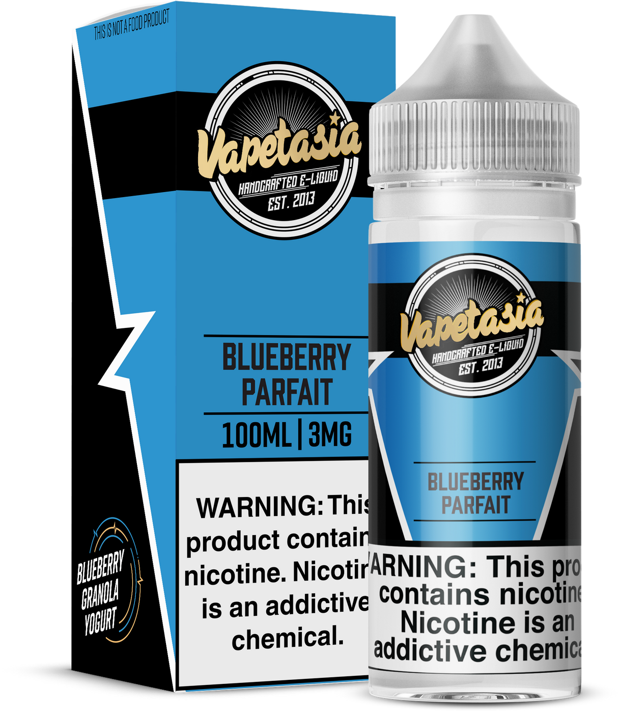 VAPETASIA Blueberry Parfait 100ML e-liquid with blueberry, yogurt, granola, and vanilla flavor profile.