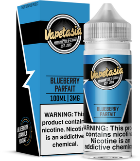 VAPETASIA Blueberry Parfait 100ML e-liquid with blueberry, yogurt, granola, and vanilla flavor profile.