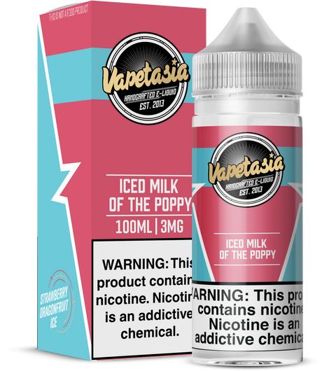 VAPETASIA ICED Milk of the Poppy 100ML e-liquid with strawberry, dragon fruit, and icy menthol flavor.
