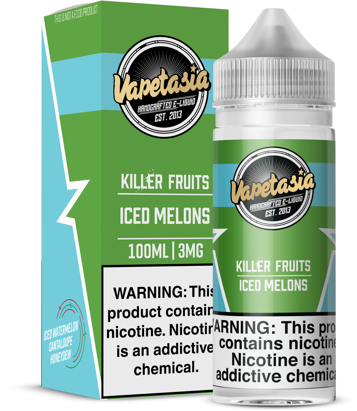 VAPETASIA Killer Fruits Iced Melons 100ML e-liquid with watermelon, cantaloupe, honeydew, and icy menthol flavor.