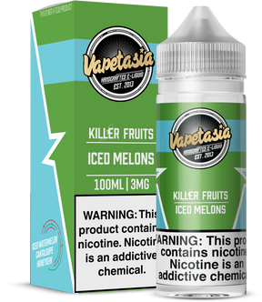 VAPETASIA Killer Fruits Iced Melons 100ML e-liquid with watermelon, cantaloupe, honeydew, and icy menthol flavor.