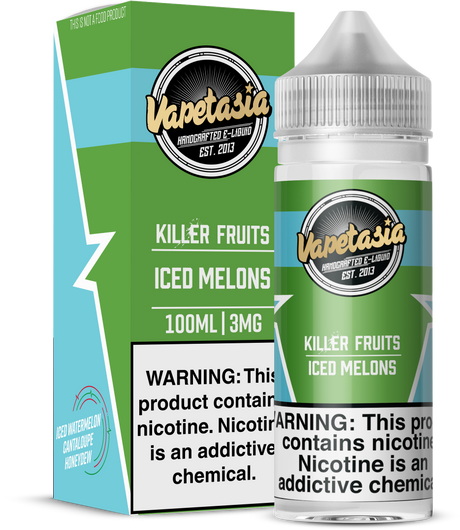 VAPETASIA Killer Fruits Iced Melons 100ML e-liquid with watermelon, cantaloupe, honeydew, and icy menthol flavor.
