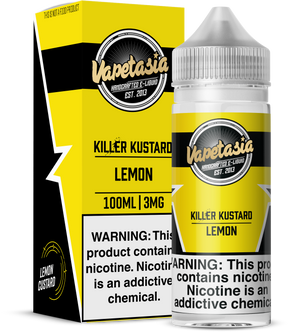 VAPETASIA Killer Kustard Lemon 100ML e-liquid with creamy custard and fresh lemon flavor.