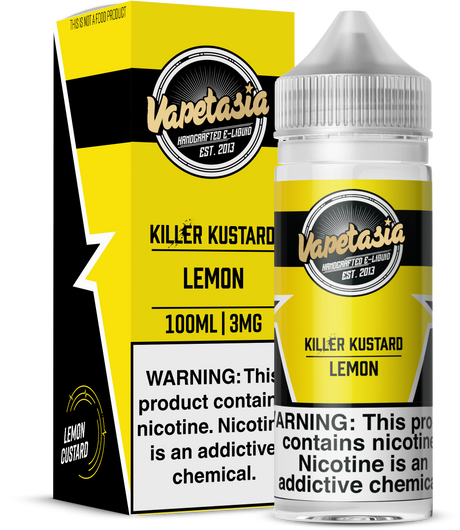 VAPETASIA Killer Kustard Lemon 100ML e-liquid with creamy custard and fresh lemon flavor.