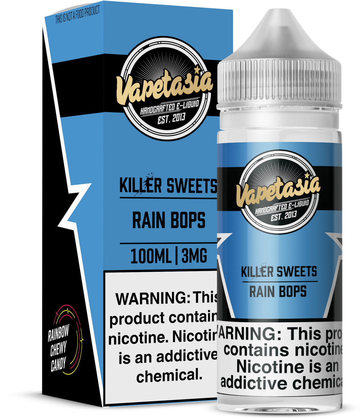 VAPETASIA Killer Sweets Rain Bops 100ML e-liquid with sweet tart chewy candy flavor profile.