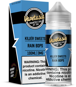 VAPETASIA Killer Sweets Rain Bops 100ML e-liquid with sweet tart chewy candy flavor profile.