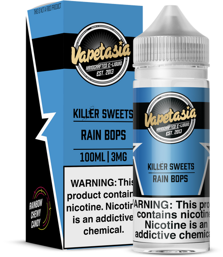 VAPETASIA Killer Sweets Rain Bops 100ML e-liquid with sweet tart chewy candy flavor profile.