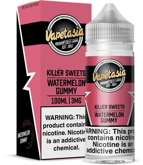 VAPETASIA Killer Sweets Watermelon Gummy 100ML e-liquid with sweet watermelon candy flavor.