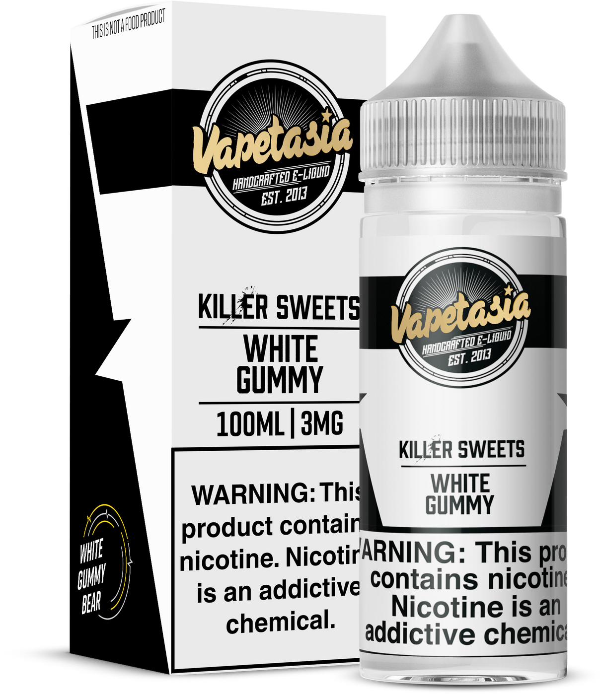 VAPETASIA Killer Sweets White Gummy 100ML e-liquid with tropical pineapple gummy candy flavor.
