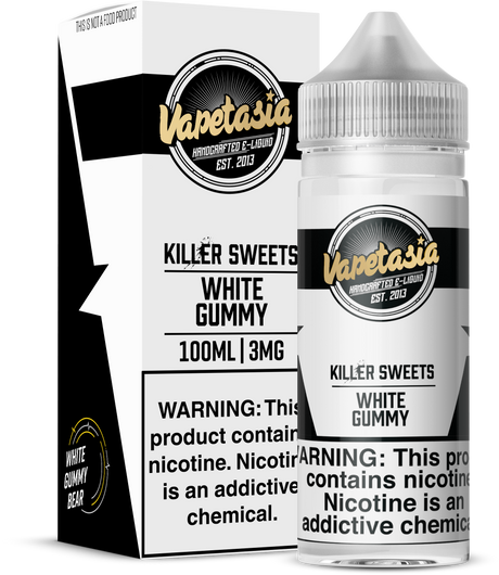 VAPETASIA Killer Sweets White Gummy 100ML e-liquid with tropical pineapple gummy candy flavor.