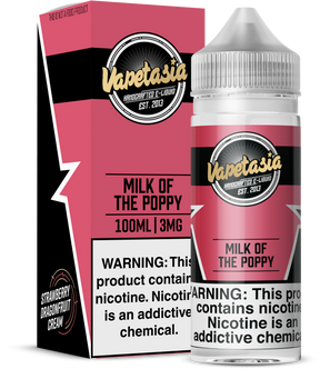 VAPETASIA Milk of the Poppy 100ML e-liquid with strawberry, dragon fruit, and creamy flavor profile.