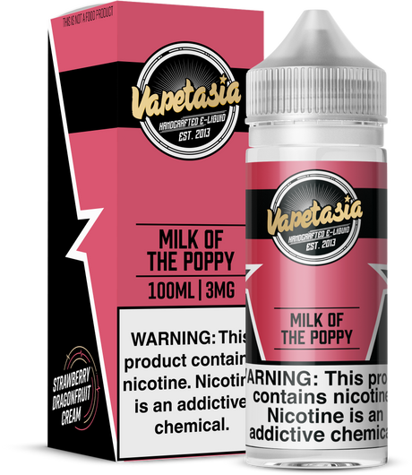 VAPETASIA Milk of the Poppy 100ML e-liquid with strawberry, dragon fruit, and creamy flavor profile.