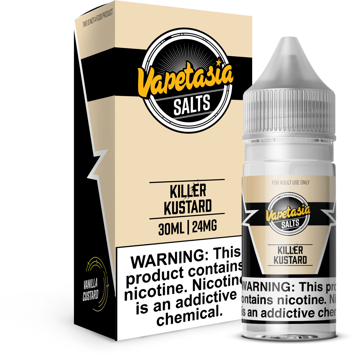 VAPETASIA SALTS Killer Kustard 30ML nicotine salt e-liquid with creamy vanilla custard flavor.