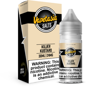 VAPETASIA SALTS Killer Kustard 30ML nicotine salt e-liquid with creamy vanilla custard flavor.