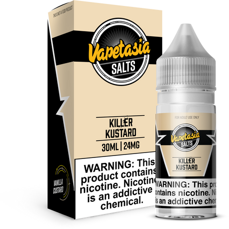 VAPETASIA SALTS Killer Kustard 30ML nicotine salt e-liquid with creamy vanilla custard flavor.