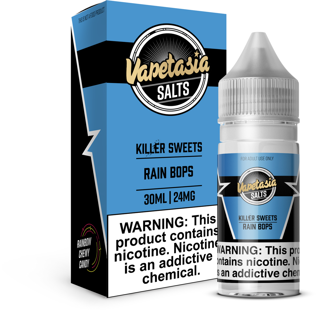 VAPETASIA SALTS Killer Sweets ICED Rain Bops 30ML nicotine salt e-liquid with rainbow candy and icy menthol flavor.