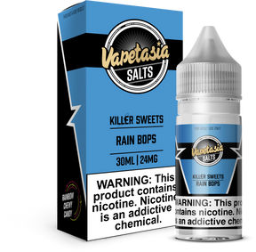 VAPETASIA SALTS Killer Sweets ICED Rain Bops 30ML nicotine salt e-liquid with rainbow candy and icy menthol flavor.