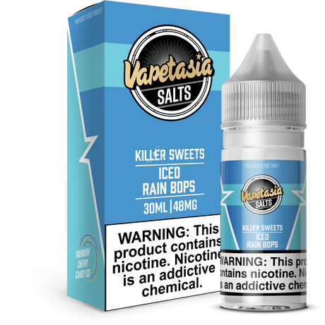 VAPETASIA SALTS Killer Sweets ICED Rain Bops 30ML nicotine salt e-liquid with rainbow candy and icy menthol flavor.