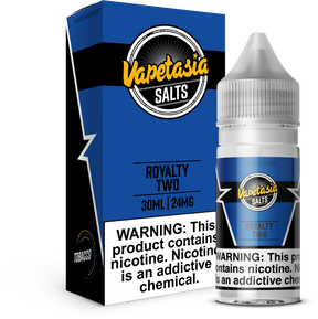 VAPETASIA SALTS Royalty Two 30ML nicotine salt e-liquid with custard, hazelnut, vanilla, and tobacco flavor.