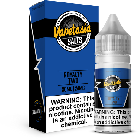 VAPETASIA SALTS Royalty Two 30ML nicotine salt e-liquid with custard, hazelnut, vanilla, and tobacco flavor.