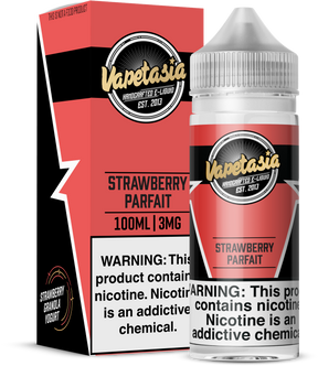 VAPETASIA Strawberry Parfait 100ML e-liquid with strawberry, granola, and creamy yogurt flavor profile.