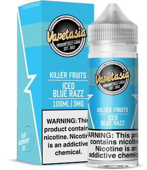 Vapetasia Killer Fruits ICED Blue Razz 100ML e-liquid with sweet blue raspberry and icy menthol flavor.