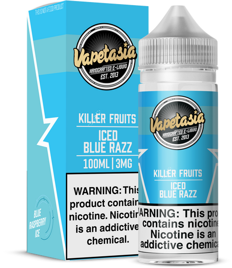 Vapetasia Killer Fruits ICED Blue Razz 100ML e-liquid with sweet blue raspberry and icy menthol flavor.