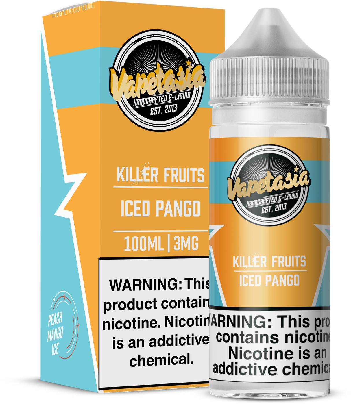 Vapetasia Killer Fruits ICED Pango 100ML e-liquid with peach, mango, and icy menthol flavor profile.
