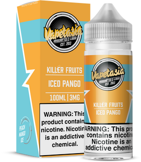 Vapetasia Killer Fruits ICED Pango 100ML e-liquid with peach, mango, and icy menthol flavor profile.