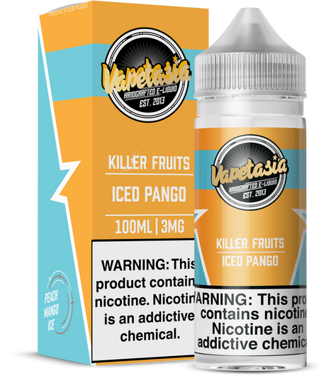 Vapetasia Killer Fruits ICED Pango 100ML e-liquid with peach, mango, and icy menthol flavor profile.