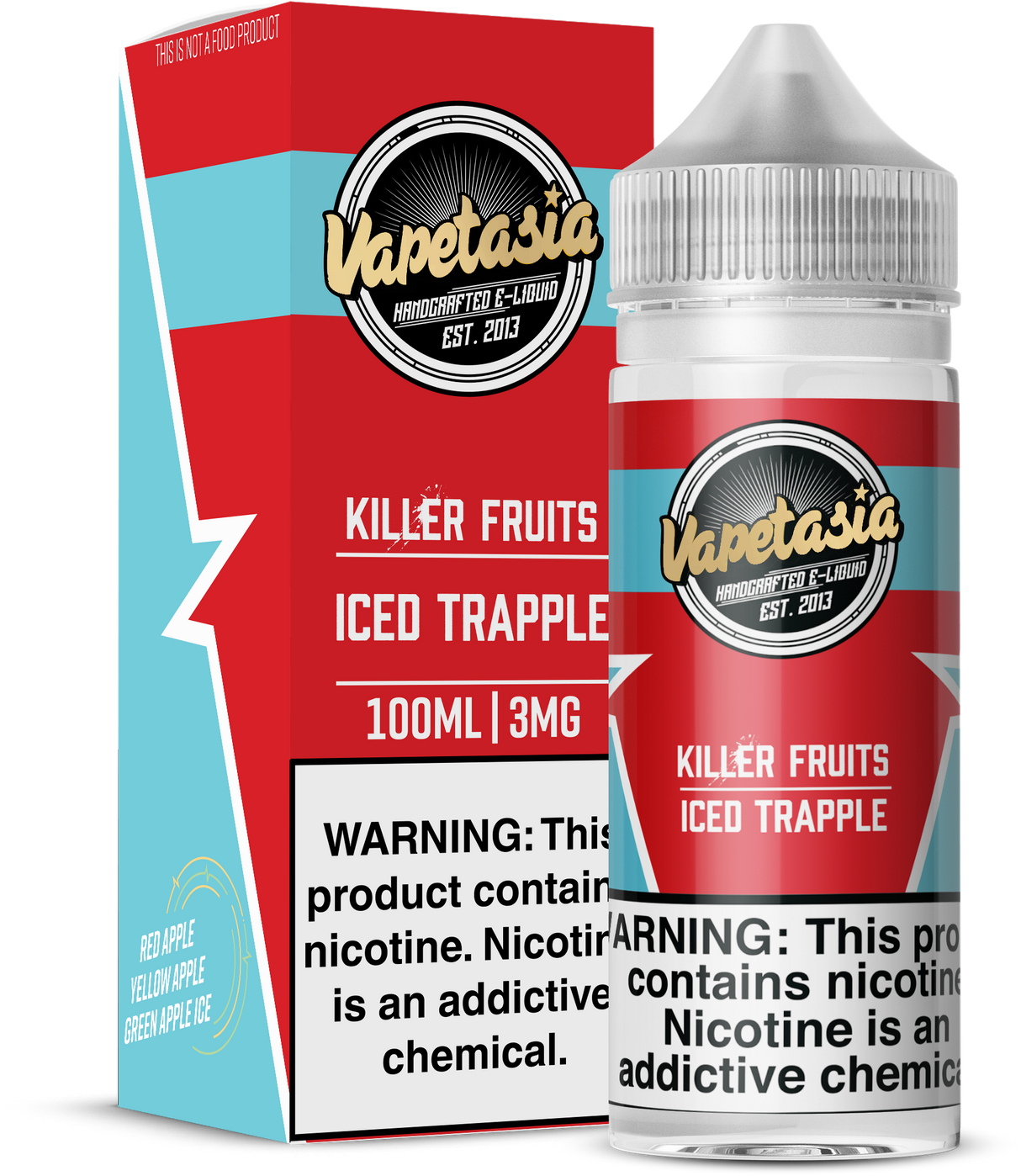 Vapetasia Killer Fruits ICED Trapple 100ML e-liquid with apple blend and icy menthol flavor.
