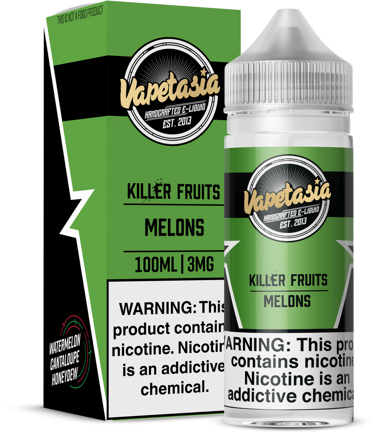 Vapetasia Killer Fruits Melons 100ML e-liquid with cantaloupe, watermelon, and honeydew melon flavor blend.
