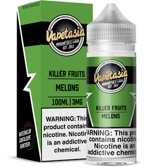 Vapetasia Killer Fruits Melons 100ML e-liquid with cantaloupe, watermelon, and honeydew melon flavor blend.