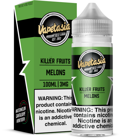 Vapetasia Killer Fruits Melons 100ML e-liquid with cantaloupe, watermelon, and honeydew melon flavor blend.