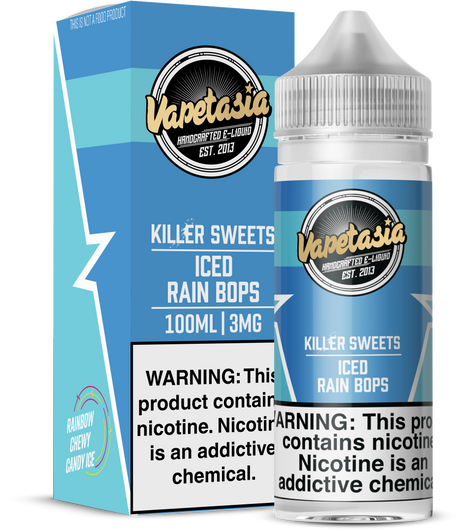 Vapetasia Killer Sweets ICED Rain Bops 100ML e-liquid with rainbow candy and icy menthol flavor profile.