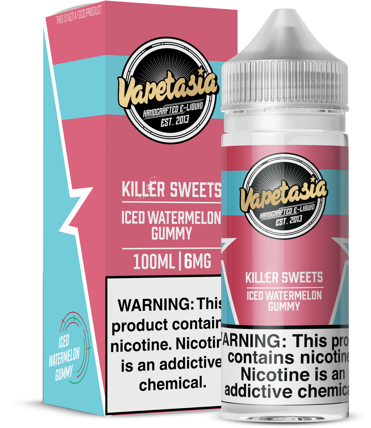 Vapetasia Killer Sweets Iced Watermelon Gummy 100ML e-liquid with candy watermelon and menthol flavor.