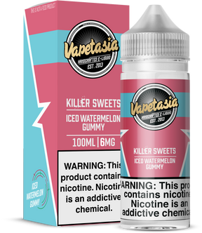 Vapetasia Killer Sweets Iced Watermelon Gummy 100ML e-liquid with candy watermelon and menthol flavor.