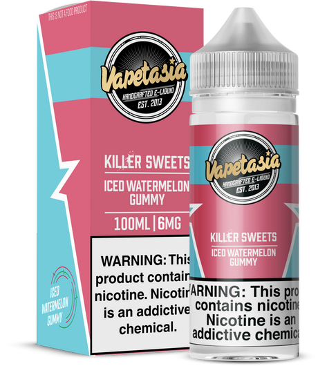 Vapetasia Killer Sweets Iced Watermelon Gummy 100ML e-liquid with candy watermelon and menthol flavor.