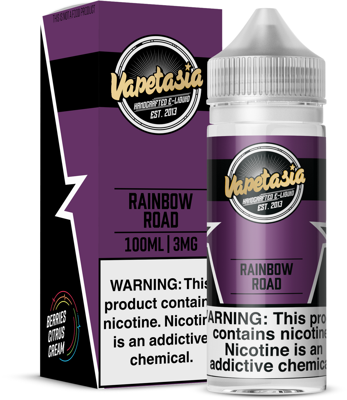 Vapetasia Rainbow Road 100ML e-liquid with fruity cereal, mixed berries, and creamy milk flavor profile.