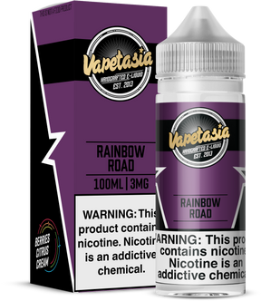 Vapetasia Rainbow Road 100ML e-liquid with fruity cereal, mixed berries, and creamy milk flavor profile.