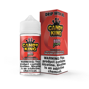 Candy King Belts Strawberry 100mL e-liquid bottle featuring a sour strawberry gummy candy flavor profile.