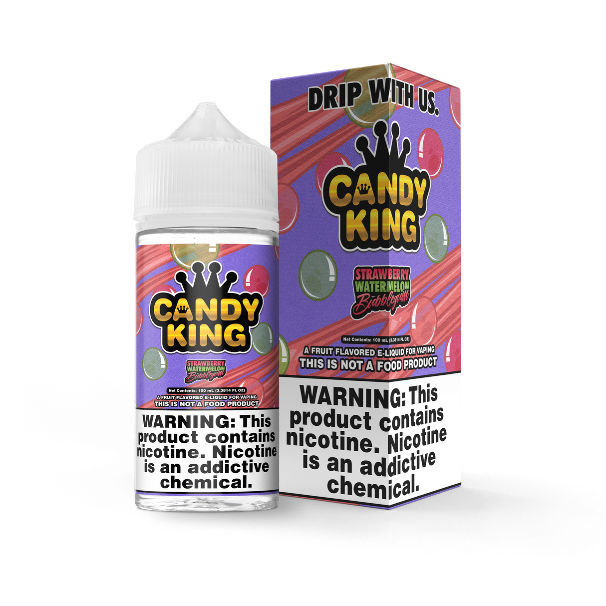 Candy King Strawberry Watermelon Bubblegum E-Liquid with sweet fruity flavor in a 100mL bottle.