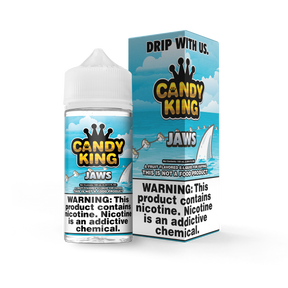 Candy King Jaws 100mL e-liquid bottle showcasing a sweet blueberry gummy and creamy vanilla flavor profile.